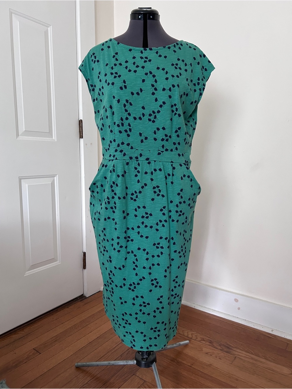 Boden Green Printed Cap-Sleeve Cotton Dress